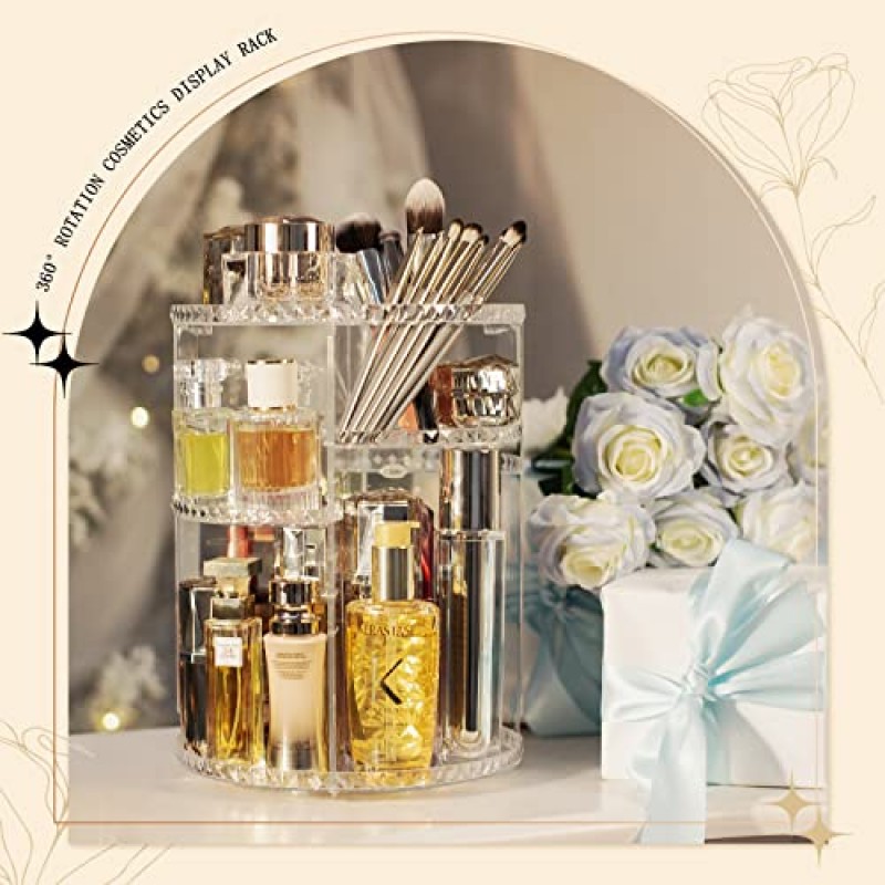 ALUYUYO 회전 메이크업 주최자, 화장대 용 대용량 향수 스킨 케어 립스틱 주최자, 욕실 용 360 회전 조절 가능 Comestic 스토리지 홀더 랙 - 투명