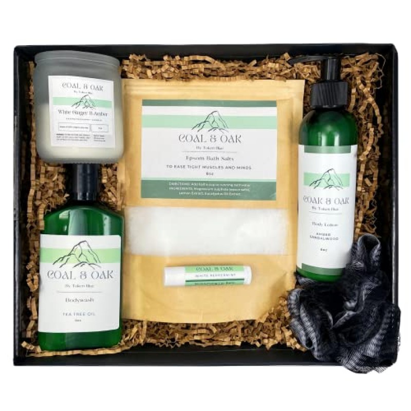 남성용 스파 선물 상자 - 남성용 생일 선물 ∙ 앰버 & 샌달우드 스파 바구니 ∙ 아빠 남편, 남자친구, 할아버지, 직장 동료 및 친구를 위한 선물, 녹색, 11.12 x 9.10 x 3.06인치; 2.62파운드