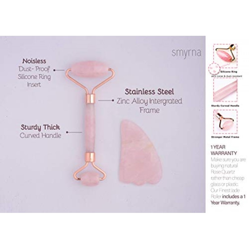 Smyrna Jade Roller - 로즈 쿼츠 및 구아샤 100% 정통 & 천연 피부 퍼밍, 주름 감소, 노화, 눈 붓기 - 프리미엄 페이셜 마사지 도구, 럭셔리