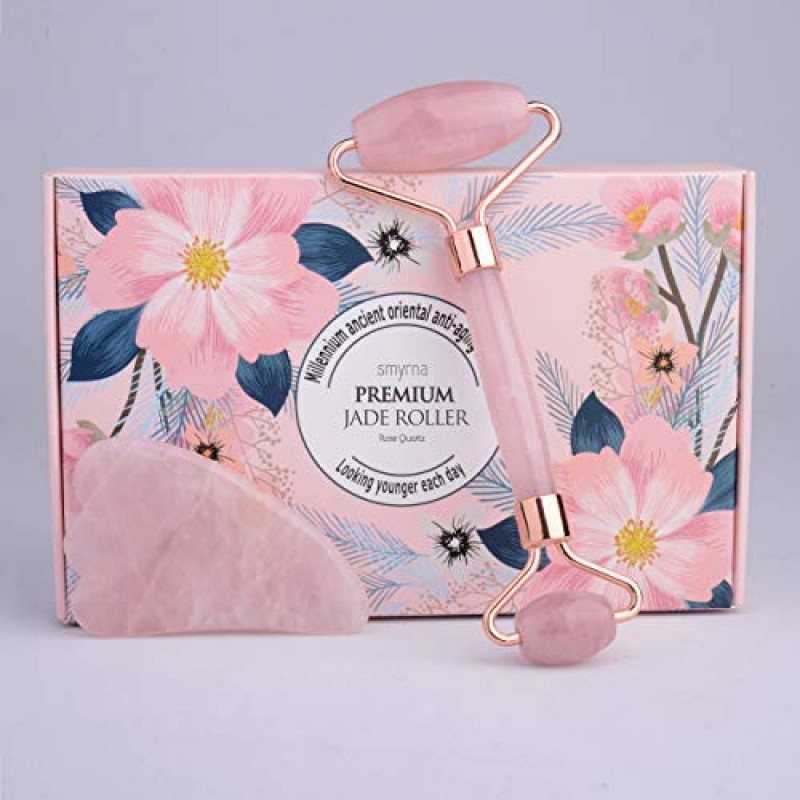 Smyrna Jade Roller - 로즈 쿼츠 및 구아샤 100% 정통 & 천연 피부 퍼밍, 주름 감소, 노화, 눈 붓기 - 프리미엄 페이셜 마사지 도구, 럭셔리