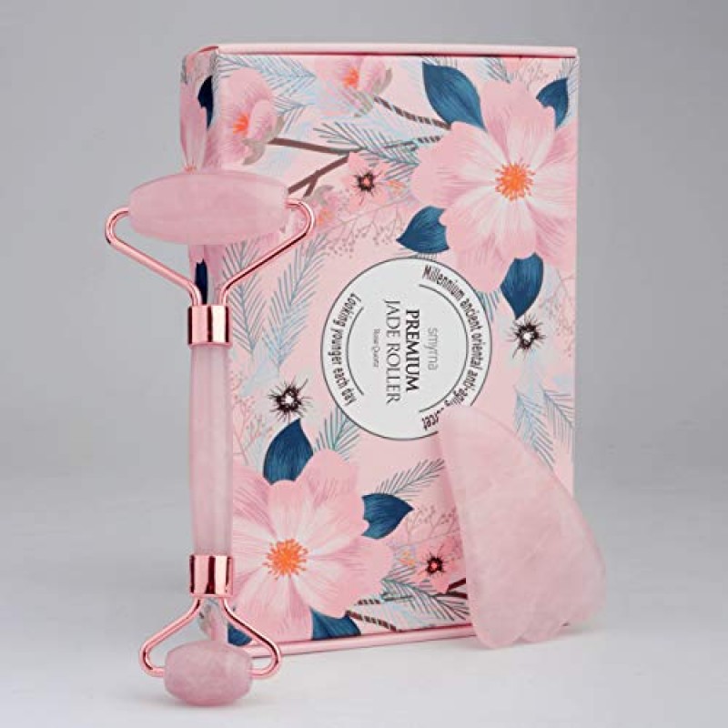 Smyrna Jade Roller - 로즈 쿼츠 및 구아샤 100% 정통 & 천연 피부 퍼밍, 주름 감소, 노화, 눈 붓기 - 프리미엄 페이셜 마사지 도구, 럭셔리