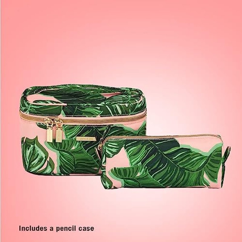 Conair 여행 메이크업 가방 3개 세트, 세면도구 및 화장품 가방, 주말 휴가 또는 장기 휴가에 적합, 주말 여행, 기차 케이스 및 정리함 세트(핑크 팜 프린트)