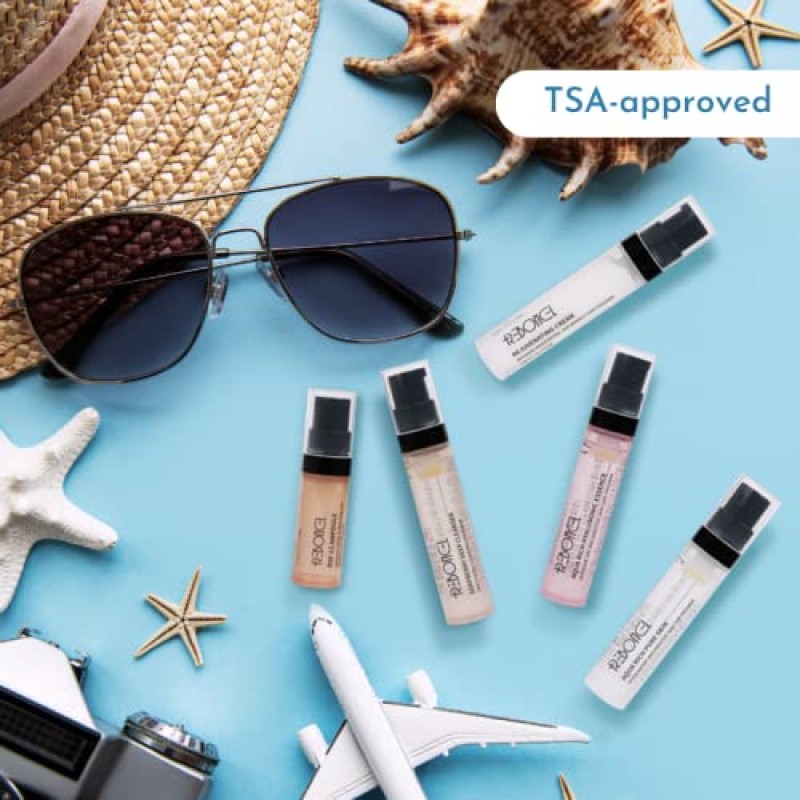 REBONCEL 한국 스킨 케어 세트 여행용 키트, TSA 승인 여행용 세면도구, 클렌저, 토너, 에센스, 크림, 세럼 | 여행 필수품 선물 세트 | 천연 보습 스킨케어