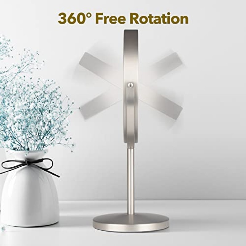 조명이 있는 충전식 8인치 데스크탑 화장 거울, 3가지 색상 1X/10X 테이블 조명 화장 거울, 360° 회전 터치 스크린, LED 조광 가능 책상 조명 화장용 확대 거울 브러시드 니켈