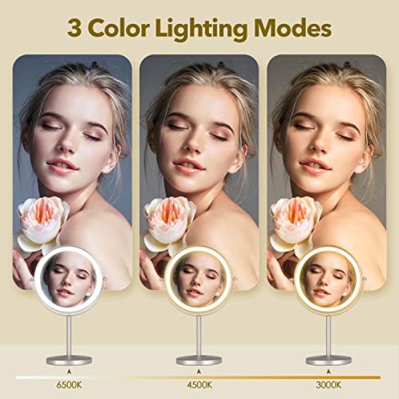 조명이 있는 충전식 8인치 데스크탑 화장 거울, 3가지 색상 1X/10X 테이블 조명 화장 거울, 360° 회전 터치 스크린, LED 조광 가능 책상 조명 화장용 확대 거울 브러시드 니켈