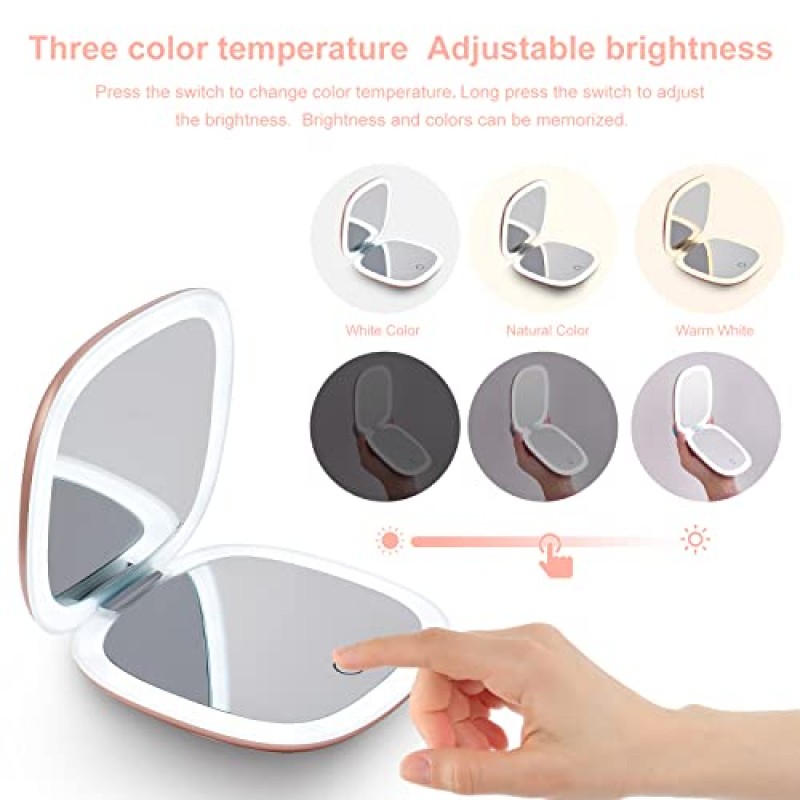 소형 LED 확대 여행용 화장 거울 - 4인치 1X/10X 배율 소형 핸드 포켓 밝기 조절이 가능한 양면 USB 충전식 터치스크린, 휴대용 탁상용 화장품(로즈 골드)