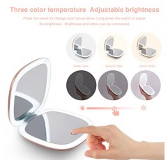 소형 LED 확대 여행용 화장 거울 - 4인치 1X/10X 배율 소형 핸드 포켓 밝기 조절이 가능한 양면 USB 충전식 터치스크린, 휴대용 탁상용 화장품(로즈 골드)
