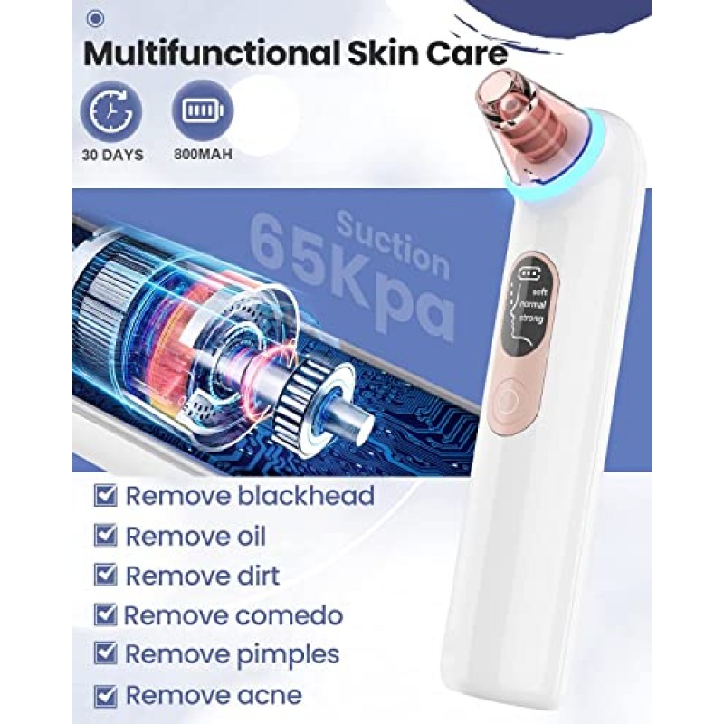 블랙헤드 제거제 모공 진공 여드름 추출기: 블루 라이트가 포함된 업그레이드된 모공 클렌저 - 얼굴용 충전식 블랙 헤드 제거제, 화이트헤드 제거, 얼굴 퍼밍, 여성 및 남성을 위한 오일 감소