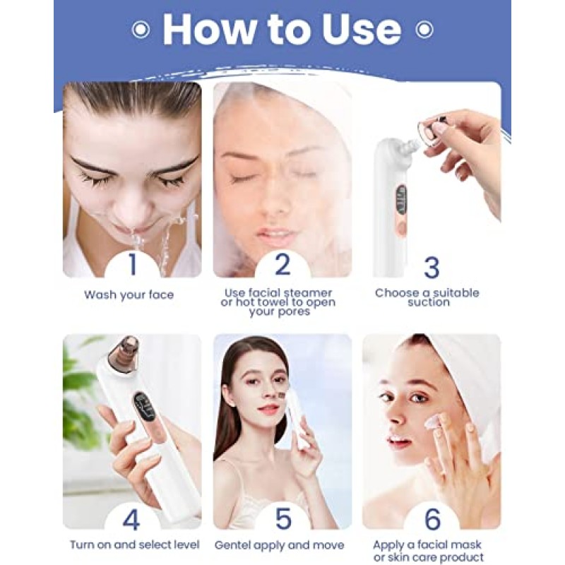 블랙헤드 제거제 모공 진공 여드름 추출기: 블루 라이트가 포함된 업그레이드된 모공 클렌저 - 얼굴용 충전식 블랙 헤드 제거제, 화이트헤드 제거, 얼굴 퍼밍, 여성 및 남성을 위한 오일 감소