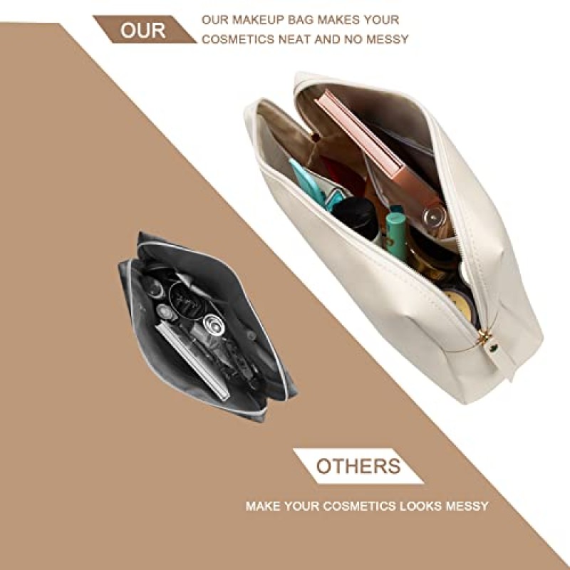 KixeBaer 대형 메이크업 백 - 레트로 체크 무늬 디자인, 가죽 소재, 미용 필수품을 위한 여러 칸, 여성용 다용도 세면도구 백 및 클러치, 여행에 적합 - 핑크