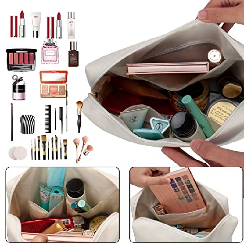 KixeBaer 대형 메이크업 백 - 레트로 체크 무늬 디자인, 가죽 소재, 미용 필수품을 위한 여러 칸, 여성용 다용도 세면도구 백 및 클러치, 여행에 적합 - 핑크