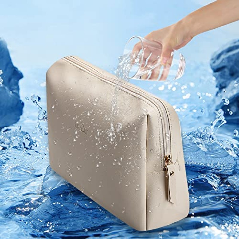 KixeBaer 대형 메이크업 백 - 레트로 체크 무늬 디자인, 가죽 소재, 미용 필수품을 위한 여러 칸, 여성용 다용도 세면도구 백 및 클러치, 여행에 적합 - 핑크