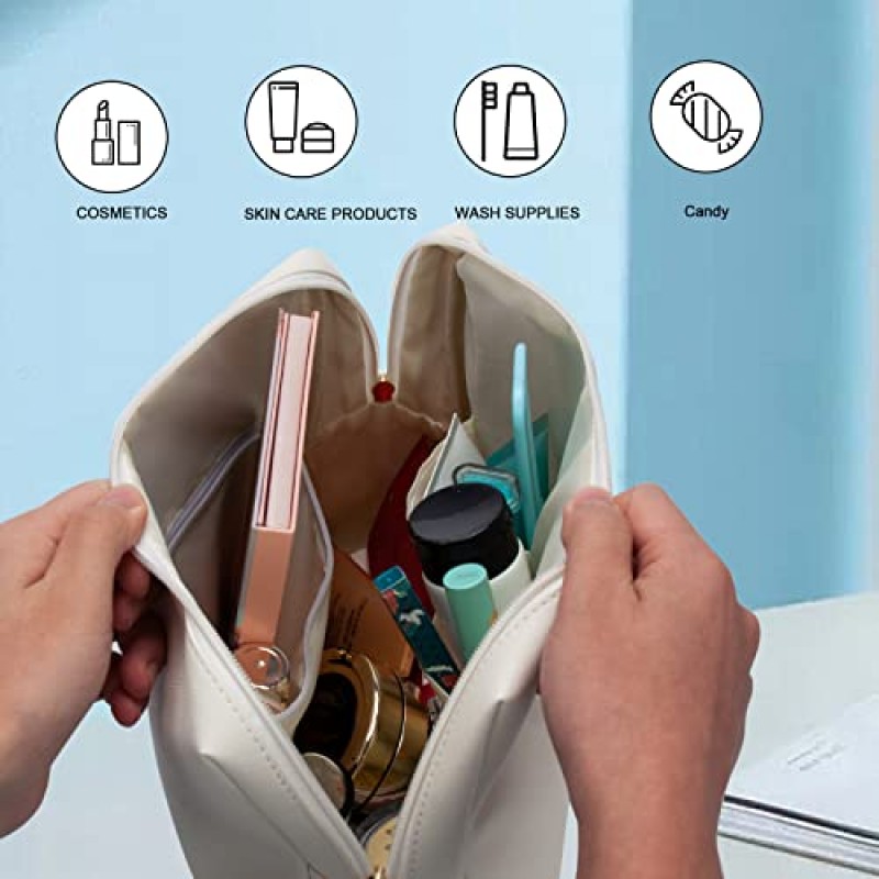 KixeBaer 대형 메이크업 백 - 레트로 체크 무늬 디자인, 가죽 소재, 미용 필수품을 위한 여러 칸, 여성용 다용도 세면도구 백 및 클러치, 여행에 적합 - 핑크