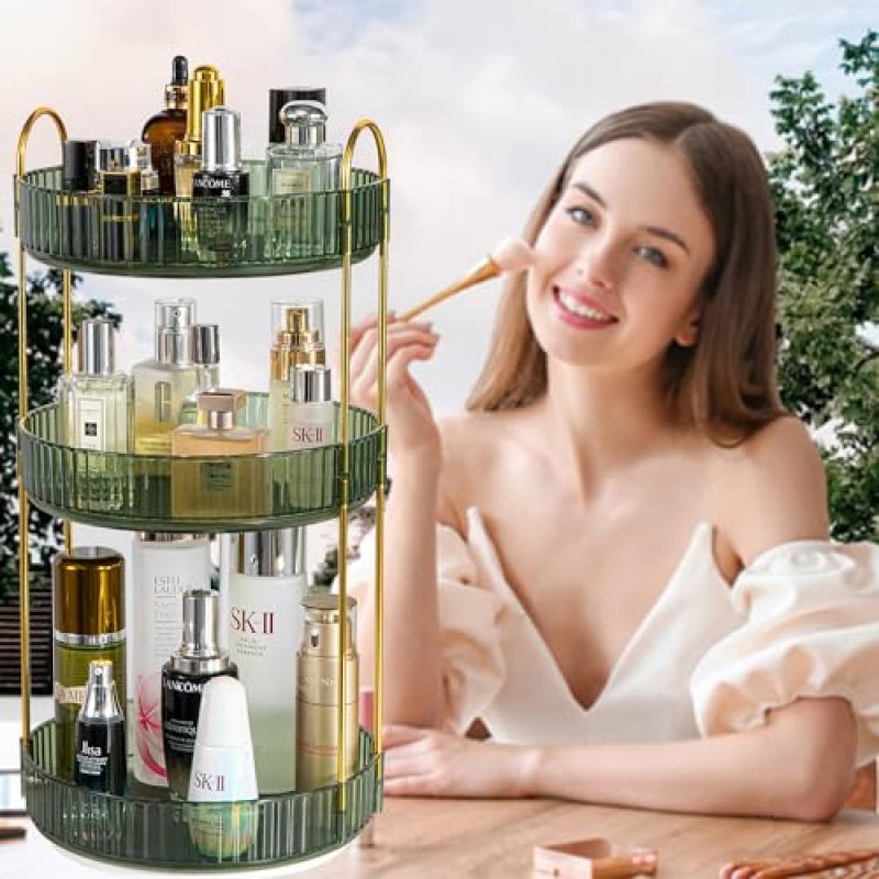 hxbigjin 세면대용 360°회전 메이크업 정리함, 대용량 욕실 조리대 정리대 회전, 스킨케어 화장품 화장대 정리함 향수, 로션, 립스틱, 코롱(3단-녹색)