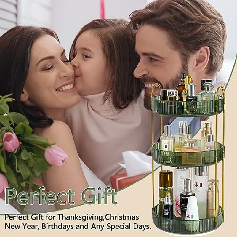 hxbigjin 세면대용 360°회전 메이크업 정리함, 대용량 욕실 조리대 정리대 회전, 스킨케어 화장품 화장대 정리함 향수, 로션, 립스틱, 코롱(3단-녹색)