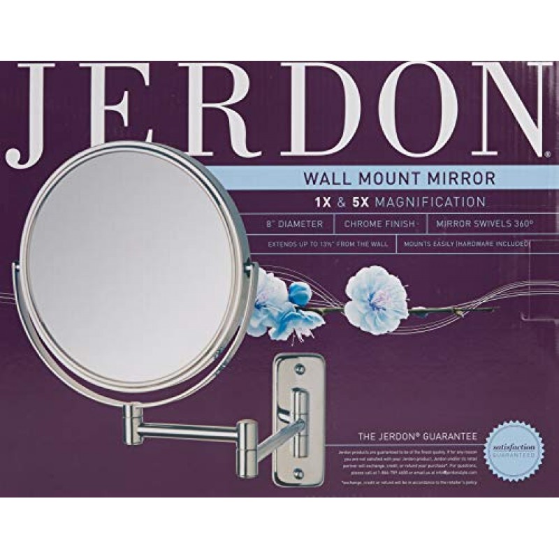 JERDON 양면 벽걸이형 화장 거울 - 5배 확대율 및 벽걸이형 암이 있는 화장 거울 - 크롬 마감 벽걸이형 8인치 직경 거울 - 모델 JP7506CF