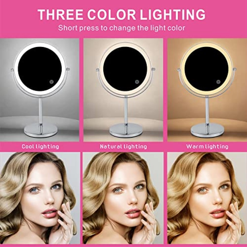 Heculiju 8인치 충전식 화장 거울(LED 조명 포함), HD 양면 1X/10X 확대 탁상용 세면대 거울, 3가지 색상 조명 및 밝기 조절 가능, 360° 회전 책상 화장품 거울