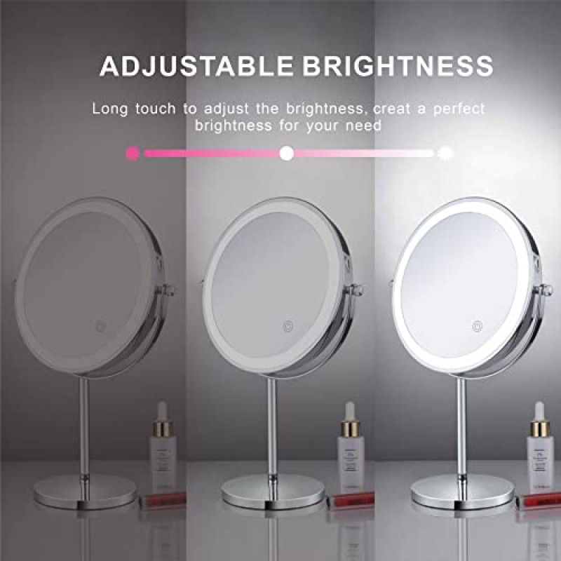 Heculiju 8인치 충전식 화장 거울(LED 조명 포함), HD 양면 1X/10X 확대 탁상용 세면대 거울, 3가지 색상 조명 및 밝기 조절 가능, 360° 회전 책상 화장품 거울