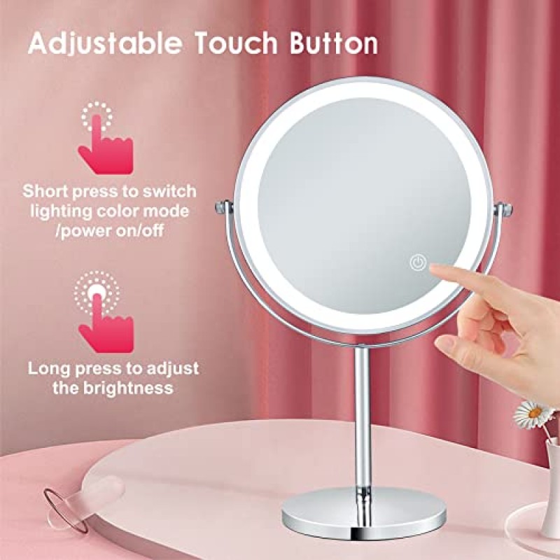 Heculiju 8인치 충전식 화장 거울(LED 조명 포함), HD 양면 1X/10X 확대 탁상용 세면대 거울, 3가지 색상 조명 및 밝기 조절 가능, 360° 회전 책상 화장품 거울