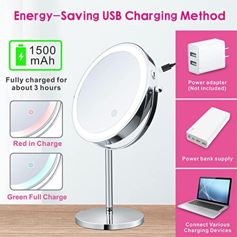 Heculiju 8인치 충전식 화장 거울(LED 조명 포함), HD 양면 1X/10X 확대 탁상용 세면대 거울, 3가지 색상 조명 및 밝기 조절 가능, 360° 회전 책상 화장품 거울
