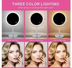 Heculiju 8인치 충전식 화장 거울(LED 조명 포함), HD 양면 1X/10X 확대 탁상용 세면대 거울, 3가지 색상 조명 및 밝기 조절 가능, 360° 회전 책상 화장품 거울