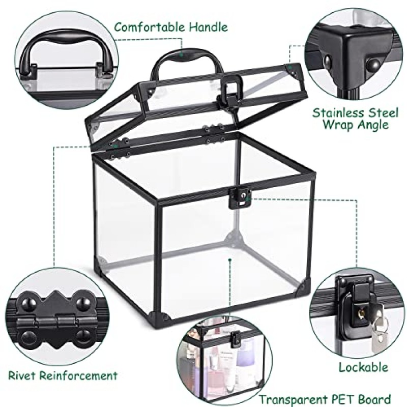 Noverlife 휴대용 화장품 및 세면도구 정리 상자, 래치 및 손잡이가 있는 투명 기차 케이스 여행용 메이크업 도구 보관 정리함, 메이크업 도구 상자 욕실 액세서리 케이스(7.9x6.7x7.5인치)