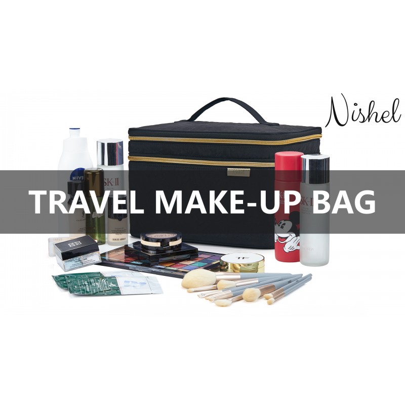 NISHEL 더블 레이어 여행용 메이크업 가방 여성용, 대형 화장품 케이스, 여행용 액세서리 병, 브러쉬, 컨디셔너 및 스킨 케어 제품용 정리함, 블랙