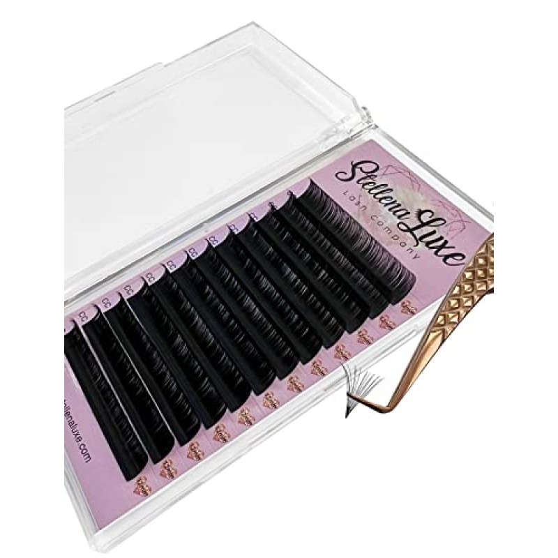 볼륨 속눈썹 연장 럭셔리 캐시미어 인조 밍크 메가 볼륨 및 볼륨 속눈썹 더블 블랙 및 브라운 .03, .05, .07 C, CC, D 컬 전문 볼륨 속눈썹 연장용 Stellena Luxe™(14MM(.03 직경), CC 컬( 보라색 라벨))