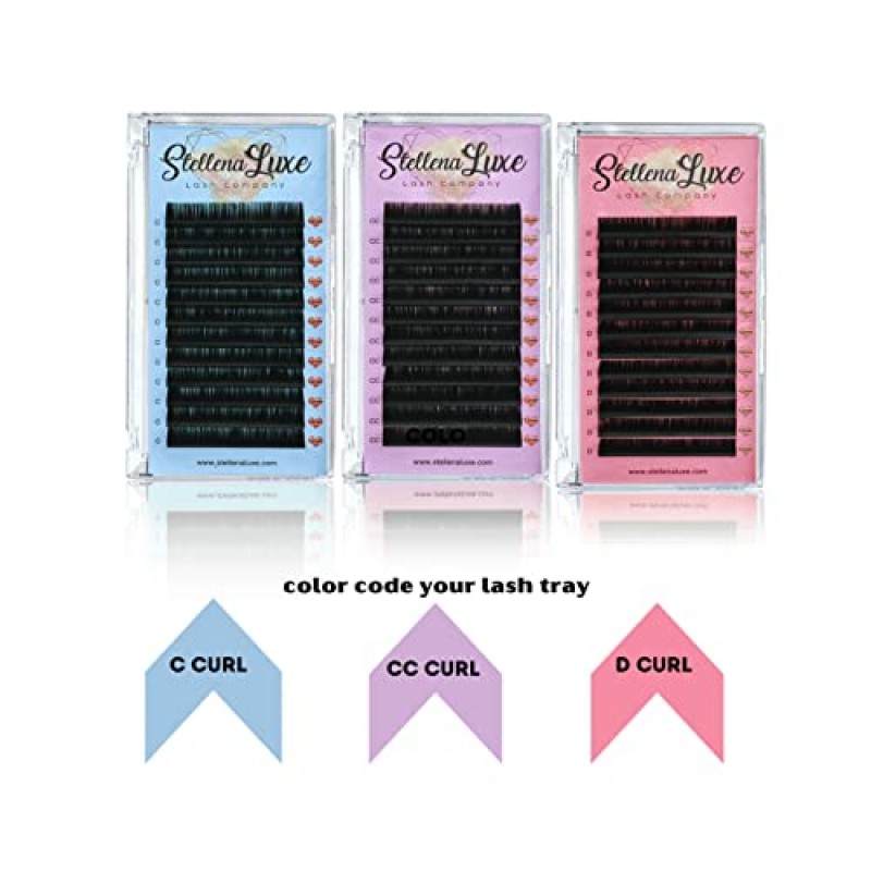 볼륨 속눈썹 연장 럭셔리 캐시미어 인조 밍크 메가 볼륨 및 볼륨 속눈썹 더블 블랙 및 브라운 .03, .05, .07 C, CC, D 컬 전문 볼륨 속눈썹 연장용 Stellena Luxe™(14MM(.03 직경), CC 컬( 보라색 라벨))