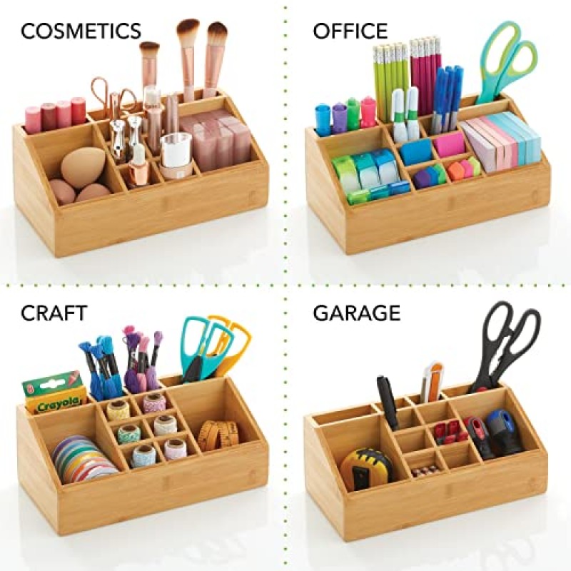 mDesign 대나무 메이크업 화장품 정리함 보관 센터(욕실 조리대, 세면대용 섹션 12개 포함) - 브러쉬, 립스틱, 립글로스, 컨실러, 마스카라, 아이 펜슬 보관 - 천연