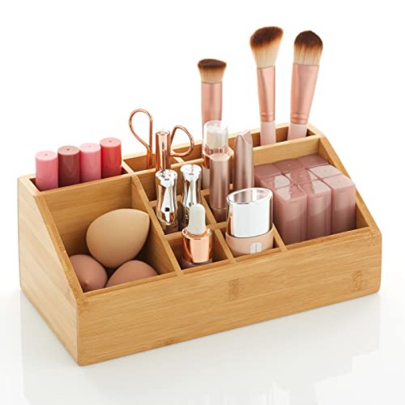 mDesign 대나무 메이크업 화장품 정리함 보관 센터(욕실 조리대, 세면대용 섹션 12개 포함) - 브러쉬, 립스틱, 립글로스, 컨실러, 마스카라, 아이 펜슬 보관 - 천연