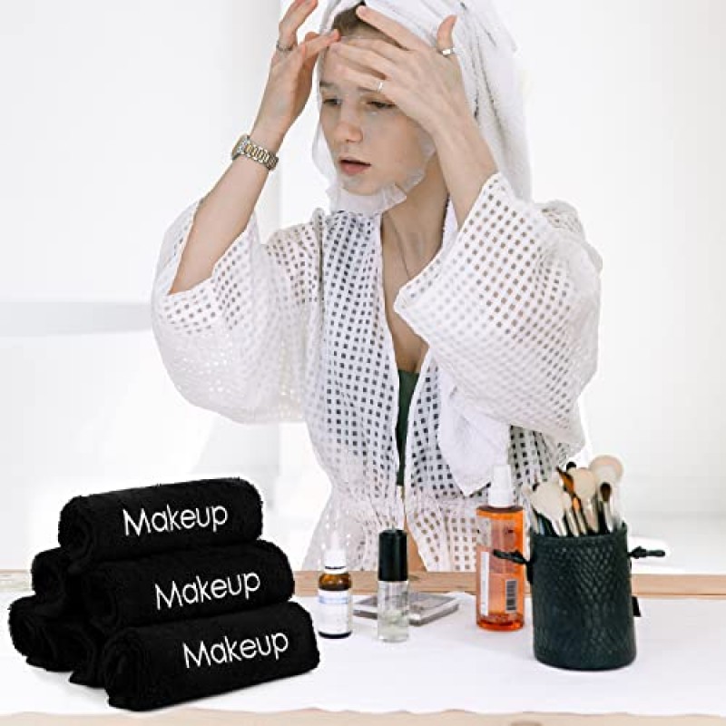 13 x 13 인치 메이크업 수건 재사용 가능한 메이크업 리무버 천 페이셜 클렌징 메이크업 타올 면 부드러운 화장품 타올 물 흡수성 메이크업 천 여성용 페이스 타올 스킨 케어, 블랙 (12 개)