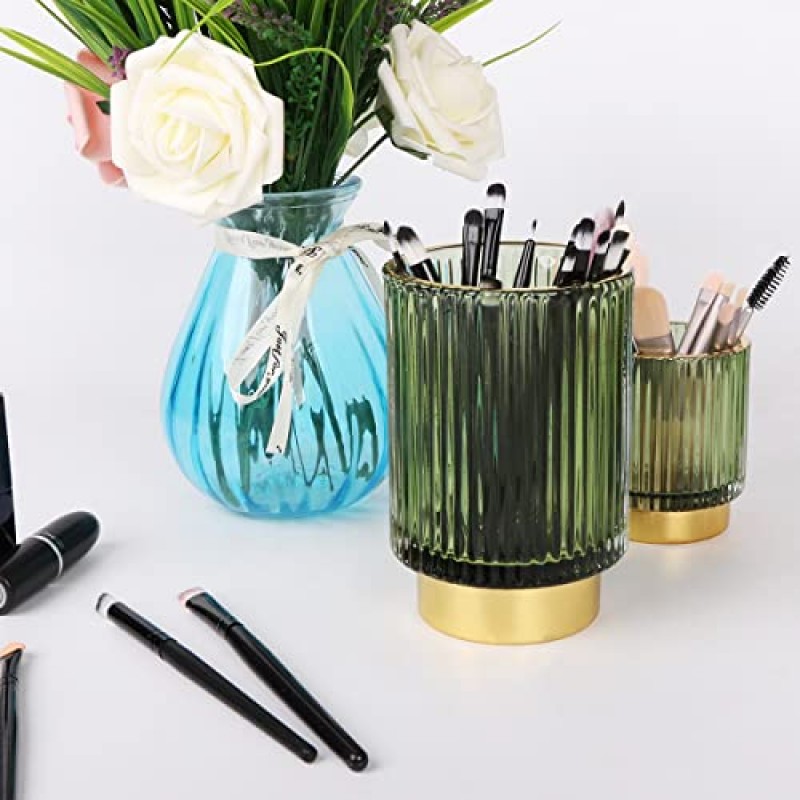 Fvstar 2pcs 메이크업 브러쉬 홀더, 유리 화장품 아이 라이너 디스플레이 컵 독특한 빈티지 메이크업 연필 홀더 장식 드레서 메이크업 주최자 사무실 데스크탑 연필 홀더 (녹색)