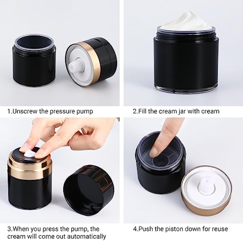 2팩 에어리스 펌프 용기, 모이스처라이저 펌프 디스펜서, 리필형 크림 용기 진공 펌프 병 디스펜서 여행용 크기 로션 및 크림용 빈 용기 모이스처라이저(1oz-2pcs, 검정색)