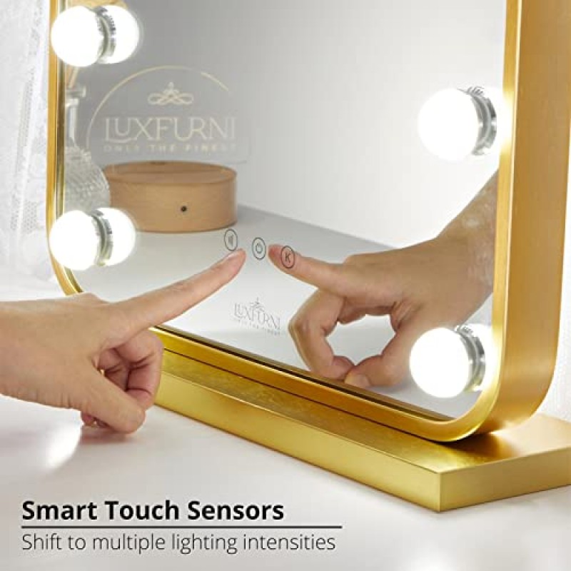 LUXFURNI 조명이 있는 화장 거울 침실용 화장 거울, 밝기 조절이 가능한 전구 12개를 갖춘 대형 헐리우드 조명 거울 스마트 터치 컨트롤 3가지 색상 조명 모드(골드)