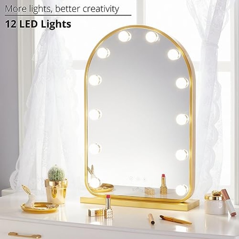 LUXFURNI 조명이 있는 화장 거울 침실용 화장 거울, 밝기 조절이 가능한 전구 12개를 갖춘 대형 헐리우드 조명 거울 스마트 터치 컨트롤 3가지 색상 조명 모드(골드)