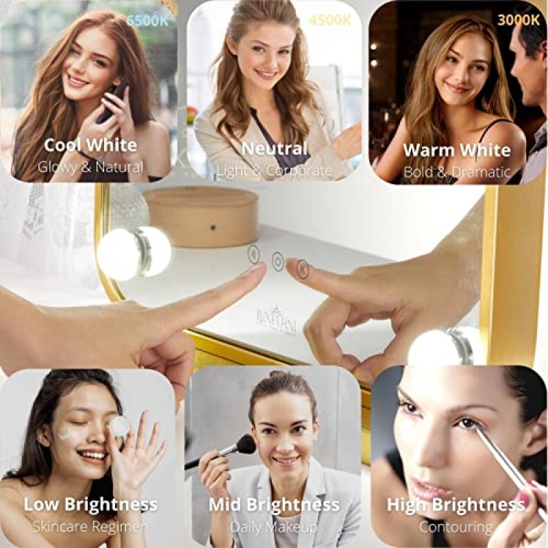 LUXFURNI 조명이 있는 화장 거울 침실용 화장 거울, 밝기 조절이 가능한 전구 12개를 갖춘 대형 헐리우드 조명 거울 스마트 터치 컨트롤 3가지 색상 조명 모드(골드)