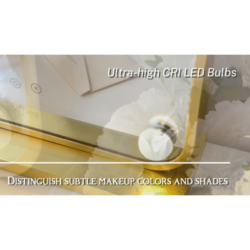 LUXFURNI 조명이 있는 화장 거울 침실용 화장 거울, 밝기 조절이 가능한 전구 12개를 갖춘 대형 헐리우드 조명 거울 스마트 터치 컨트롤 3가지 색상 조명 모드(골드)