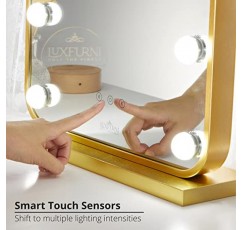 LUXFURNI 조명이 있는 화장 거울 침실용 화장 거울, 밝기 조절이 가능한 전구 12개를 갖춘 대형 헐리우드 조명 거울 스마트 터치 컨트롤 3가지 색상 조명 모드(골드)