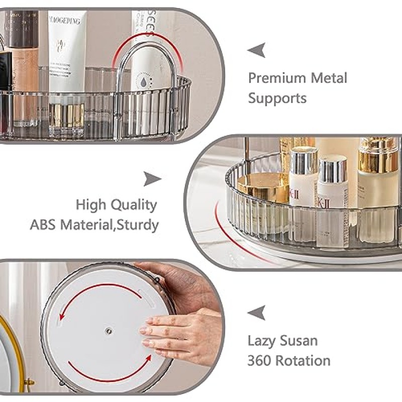 hxbigjin 화장대용 360°회전 메이크업 정리함, 게으른 수잔 스킨케어 화장품 화장대 정리함, 향수、로션、립스틱、코롱용 회전 욕실 조리대 정리함(2단-회색)