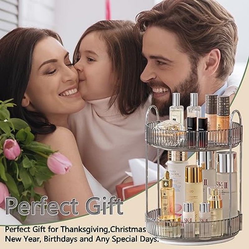 hxbigjin 화장대용 360°회전 메이크업 정리함, 게으른 수잔 스킨케어 화장품 화장대 정리함, 향수、로션、립스틱、코롱용 회전 욕실 조리대 정리함(2단-회색)