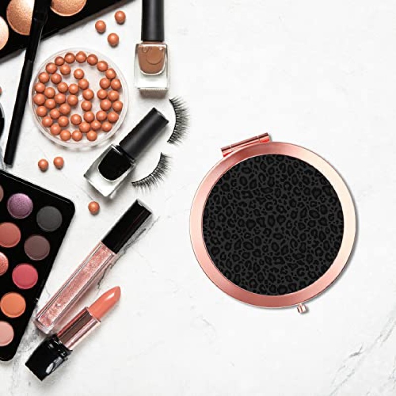 iampanda 여성용 컴팩트 로즈 골드 거울, 지갑용 라운드 미니 포켓 화장 거울, 2X 확대경이 있는 패션 럭셔리 휴대용 접이식 여행 거울(그레이 블랙 레오파드 프린트)