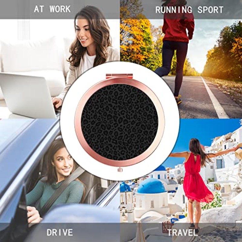 iampanda 여성용 컴팩트 로즈 골드 거울, 지갑용 라운드 미니 포켓 화장 거울, 2X 확대경이 있는 패션 럭셔리 휴대용 접이식 여행 거울(그레이 블랙 레오파드 프린트)