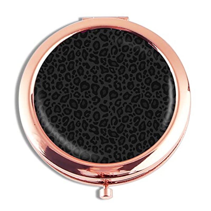 iampanda 여성용 컴팩트 로즈 골드 거울, 지갑용 라운드 미니 포켓 화장 거울, 2X 확대경이 있는 패션 럭셔리 휴대용 접이식 여행 거울(그레이 블랙 레오파드 프린트)