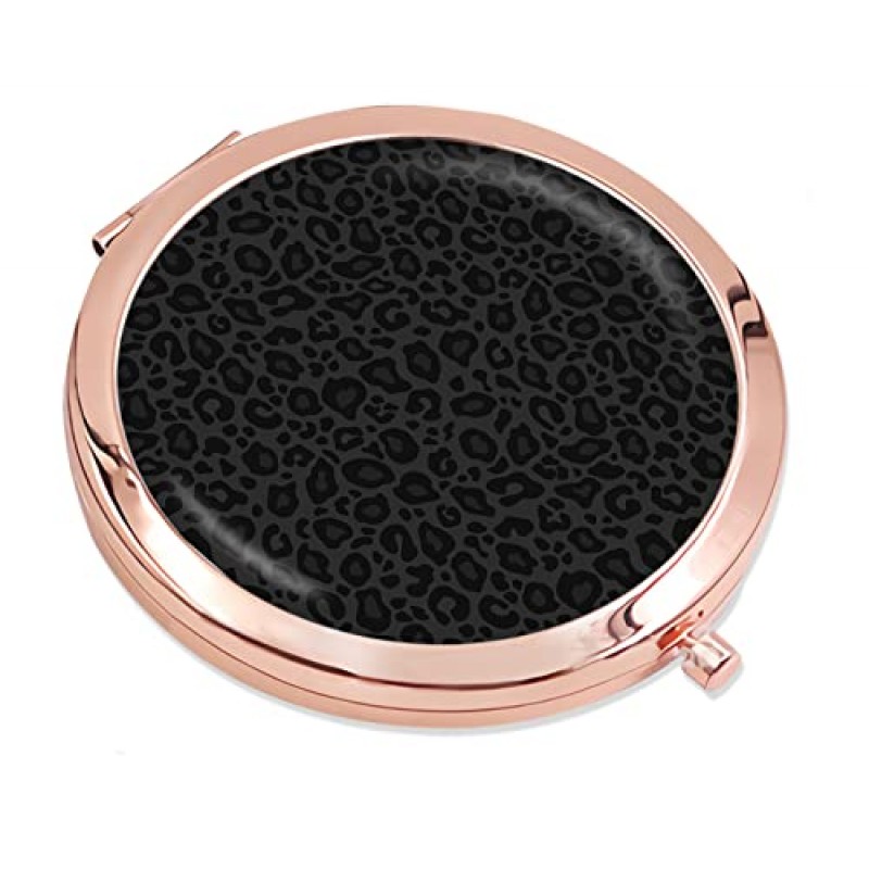 iampanda 여성용 컴팩트 로즈 골드 거울, 지갑용 라운드 미니 포켓 화장 거울, 2X 확대경이 있는 패션 럭셔리 휴대용 접이식 여행 거울(그레이 블랙 레오파드 프린트)