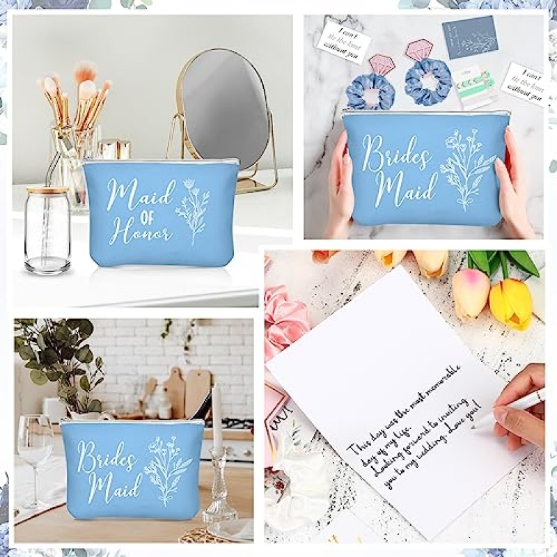 Irenare 36 Pcs 신부 들러리 제안 선물 신부 샤워 선물 16 온스 유리 컵 화장품 메이크업 가방 초대 카드 슈슈 머리 매듭 팔찌 다이아몬드 펜 결혼식을위한 호의 (블루)