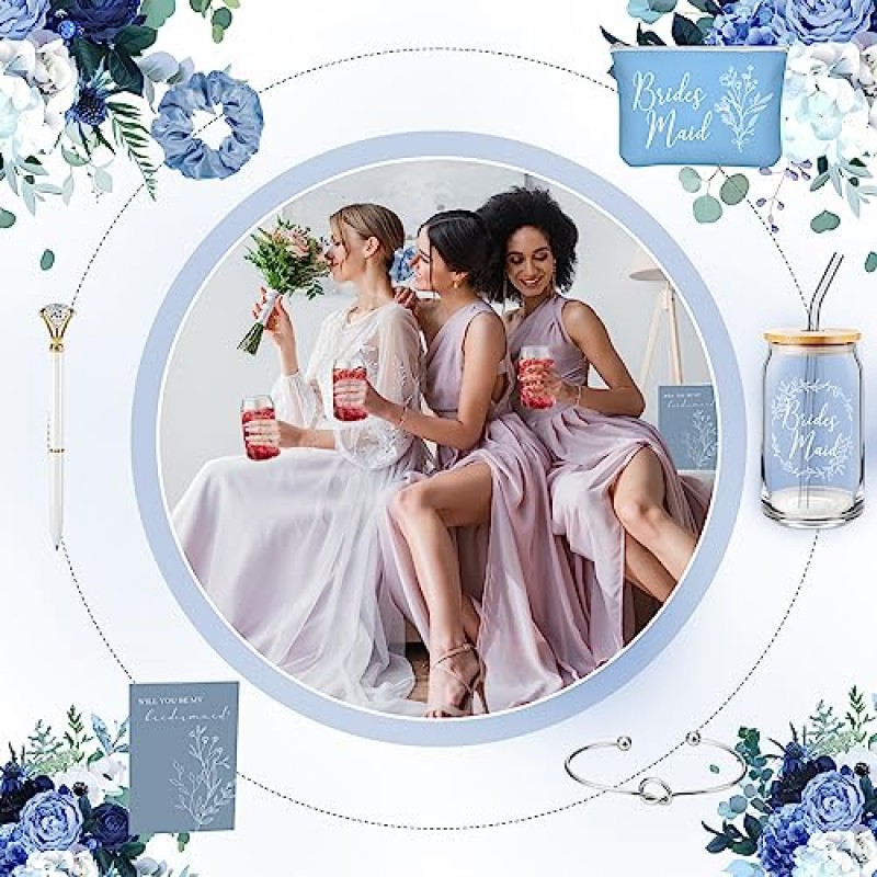 Irenare 36 Pcs 신부 들러리 제안 선물 신부 샤워 선물 16 온스 유리 컵 화장품 메이크업 가방 초대 카드 슈슈 머리 매듭 팔찌 다이아몬드 펜 결혼식을위한 호의 (블루)