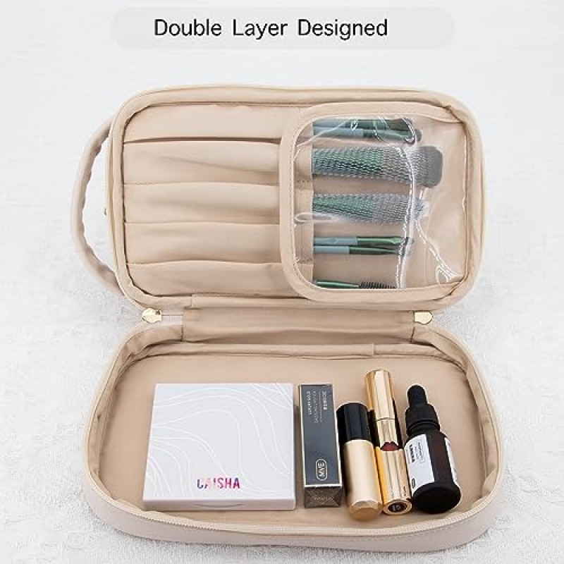 여성용 더블 레이어 메이크업 가방, 메이크업 여행 가방 대용량 방수 비건 가죽 화장품 가방 메이크업 주최자 가방