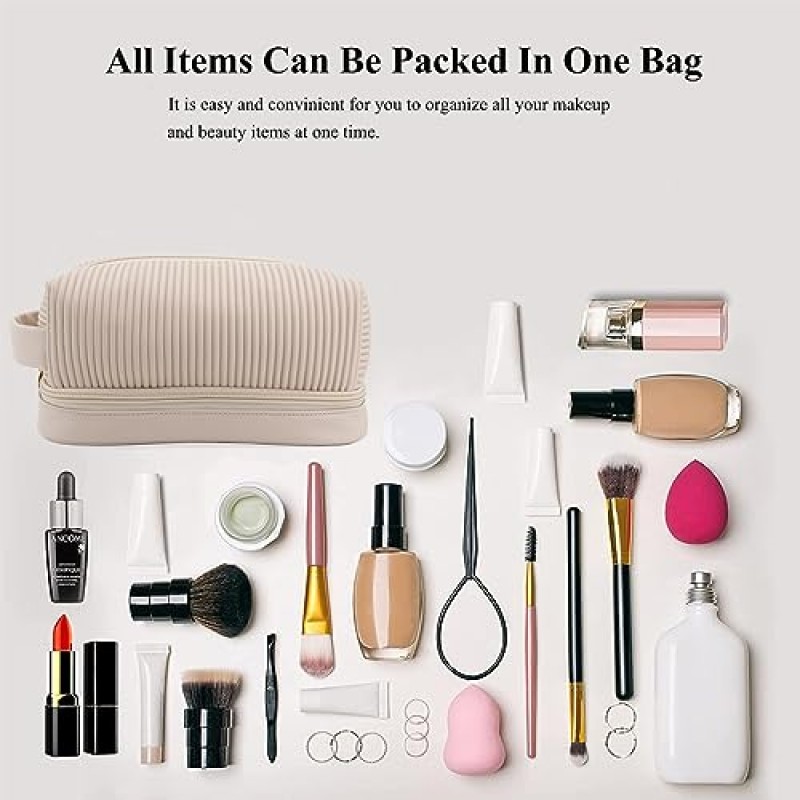 여성용 더블 레이어 메이크업 가방, 메이크업 여행 가방 대용량 방수 비건 가죽 화장품 가방 메이크업 주최자 가방