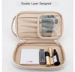 여성용 더블 레이어 메이크업 가방, 메이크업 여행 가방 대용량 방수 비건 가죽 화장품 가방 메이크업 주최자 가방